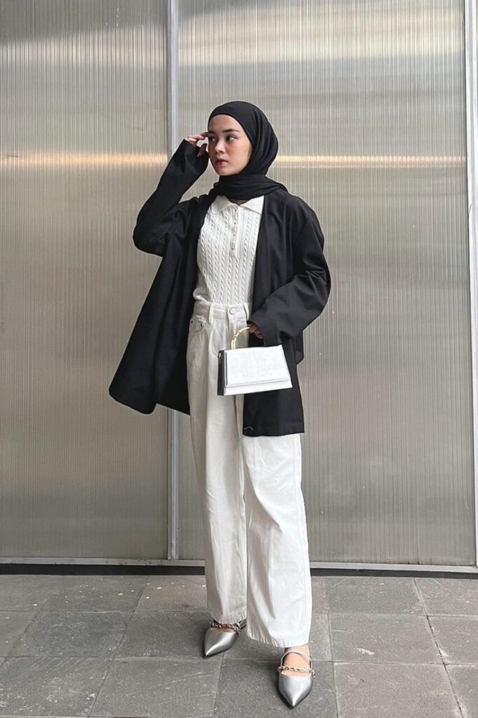 outfit hitam putih hijab Baju rajut manis